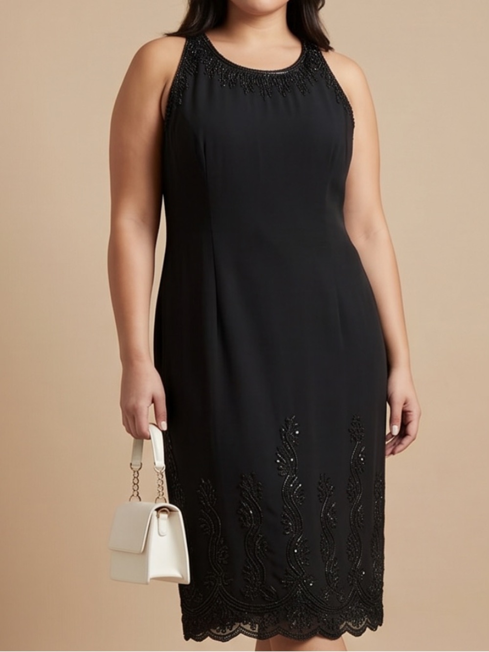 Vintage Elegant Formal Sleeveless Black Beaded luxury Dinner Midi Dress
